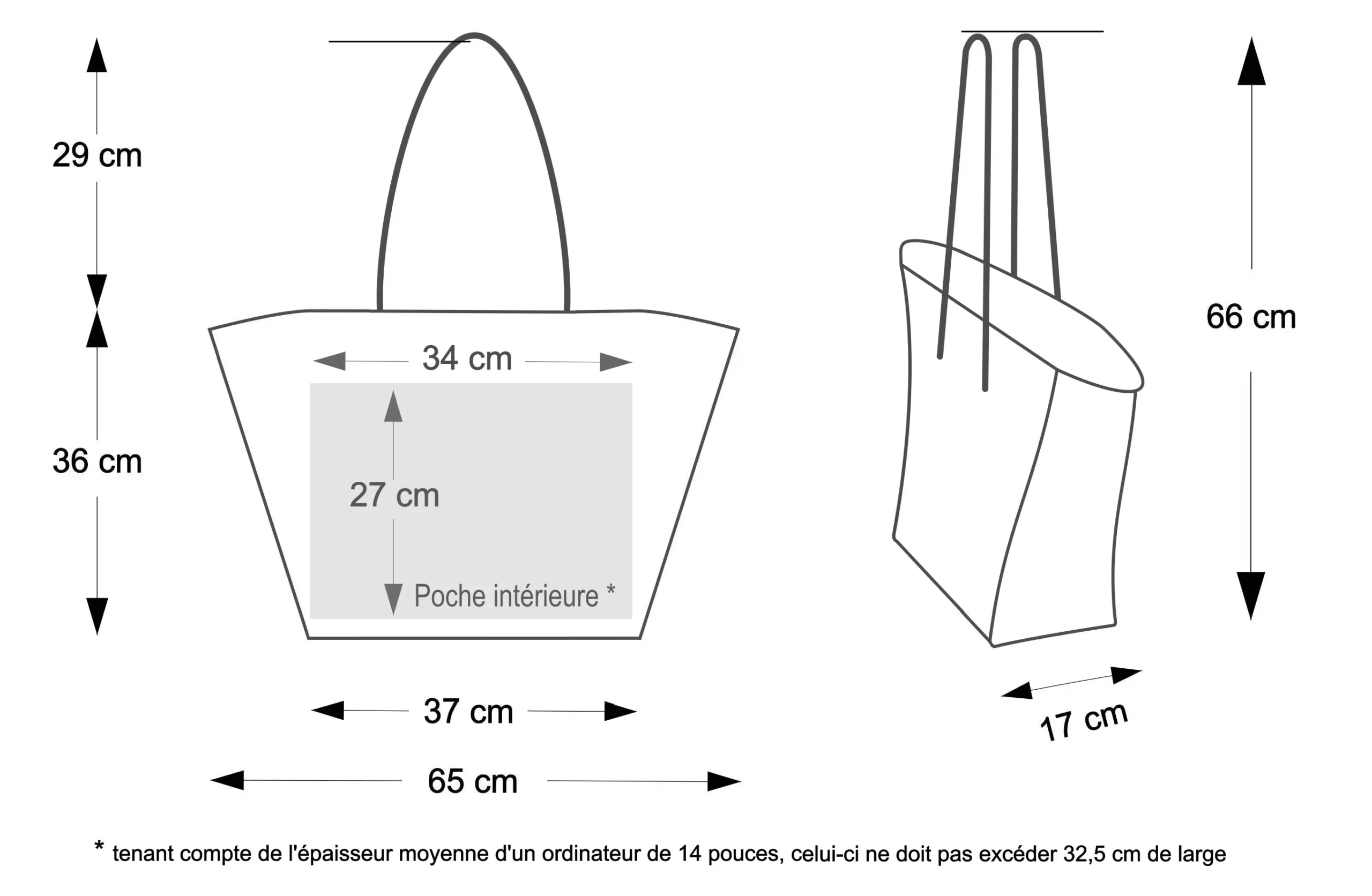 Sac cabas cuir de Taurillon pleine fleur - Croquis dimensions